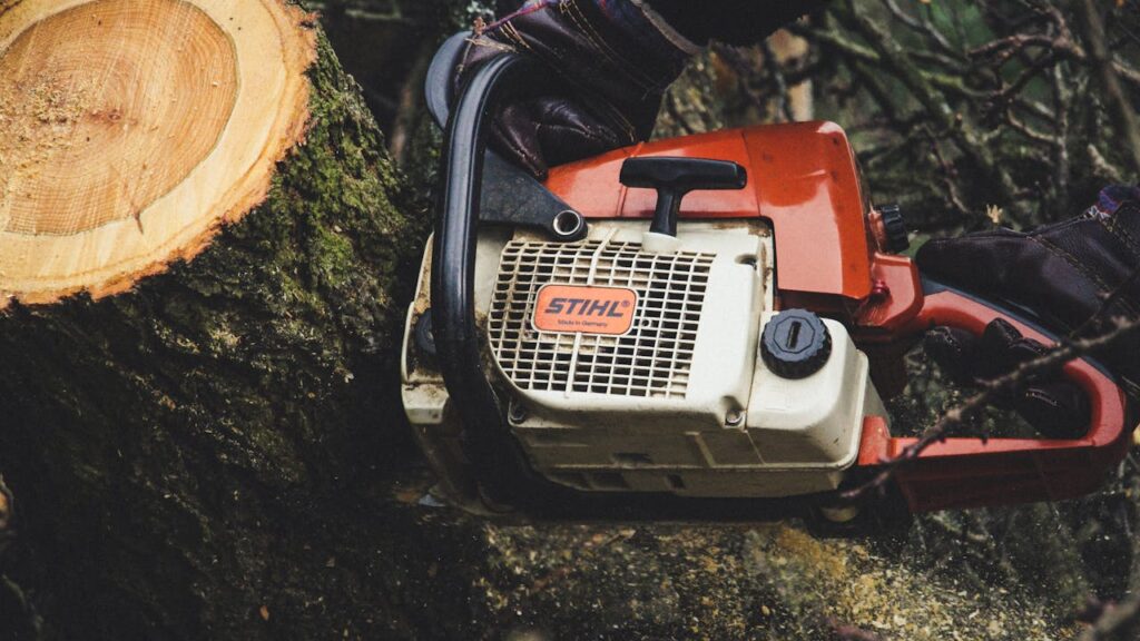 A person uses a chainsaw to cut through a tree trunk outdoors, showcasing forestry work.